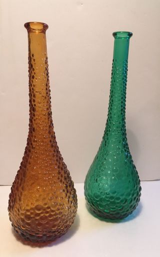 Vintage Italian Empoli Genie Bottles Hobnail - Green,  Amber No Stoppers