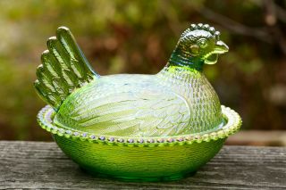 Iridescent Lime Green Indiana Carnival Glass - Hen On Nest Dish / Bowl