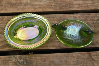 Iridescent Lime Green Indiana Carnival Glass - Hen On Nest Dish / Bowl 3