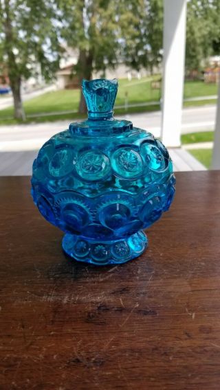 Vintage Le Smith Moon & Stars Blue Glass Covered Candy Dish
