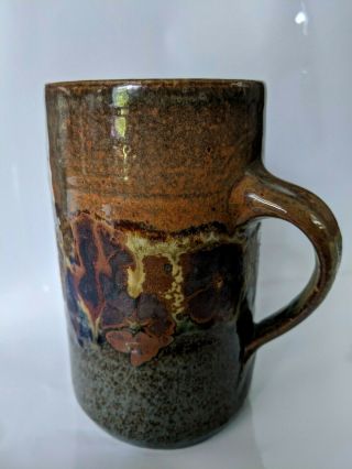 Signed Hand Thrown Pottery Coffee Mug Earthone Blue Brown Rustic 16oz