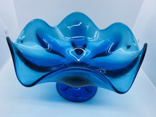 Viking Vintage Mid - Century Modern Blue Art Glass Compote Footed Fruit Bowl