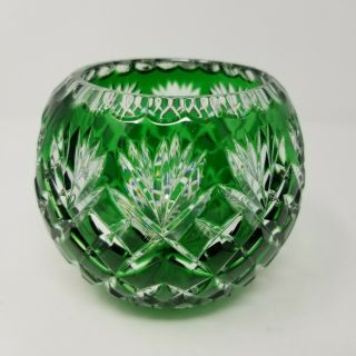Vintage Czech Bohemia Emerald Green Cut To Clear Crystal Votive Holder 4 "