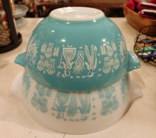 2 Vintage Pyrex Turquoise Amish Butterprint Mixing Bowls In