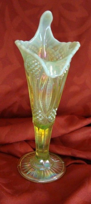 MOSSER VASELINE OPALESCENT Carnival Glass DIAMOND CUT Jack - n - Pulpit ZIPPER Vase 2