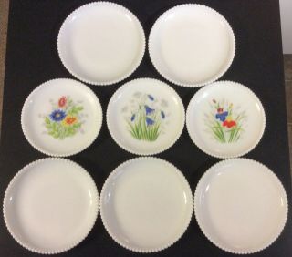 8 Vintage Westmoreland Beaded Edge Milk Glass Plates: 3 Painted,  5 White