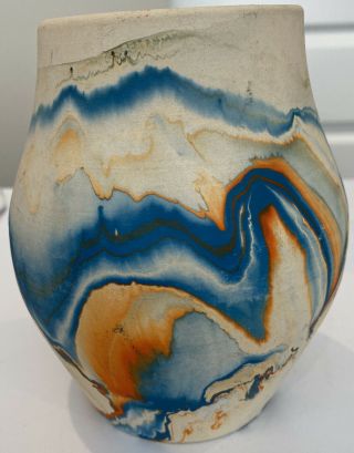 Vintage Nemadji Usa Pottery Blue & Orange Swirl Clay Vase