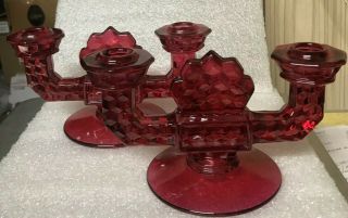 Fostoria American Red Stained /flashed Ftd.  Candle Holders / Pair - Vintage Sample