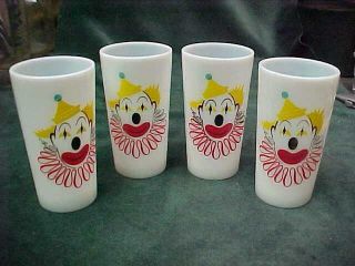1 Set 4 Vintage Hazel Atlas Milk Glass Clown Tumblers Shedd 
