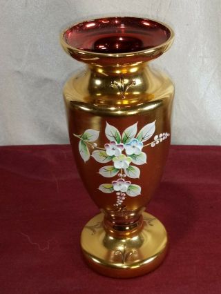 Vintage Moser Bohemian Czech Cranberry Glass & Gold W/enamel 3d Flowers Vase