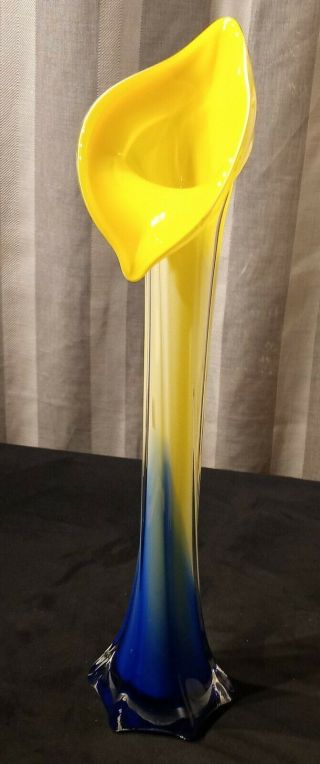 Vintage Murano Art Glass Calla Lily Jack In The Pulpit Vase 15.  5 " Yellow,  Blue