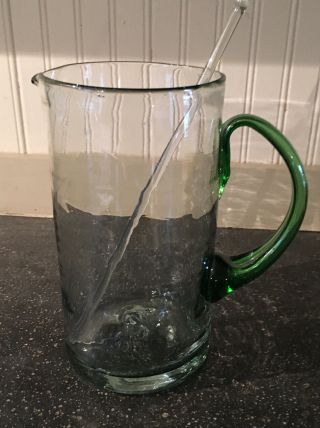 Lovely Mexican Hand - Blown Glass Margarita Drink Pitcher Green Handle Bar Coctail