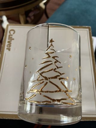 Culver 22k Gold Christmas Tree Drink Glasses Double Old Fashioned Snow 3 Vintage