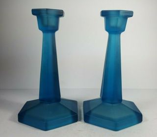 Vintage Art Deco George Davidson Blue Glass Candlesticks 7.  5 " Tall