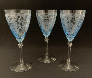 Fostoria Versailles Azure Blue Glass Water Goblets 8 1/4 Etched S/3 Chip On Each