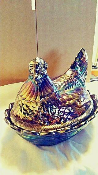 Fenton Art Glass Large Amethyst Carnival Glass Covered Hen On Nest Approx 6.  5 " T