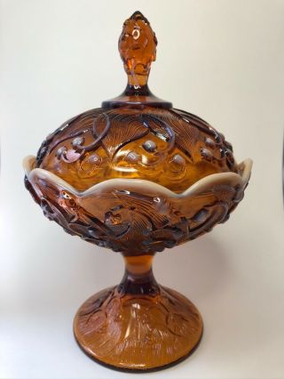 Vintage Fenton Amber Opalescent Lily Of The Valley Pedestal Candy Dish With Lid