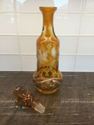Vintage Large Bohemian Czech Amber Cut To Clear Decanter