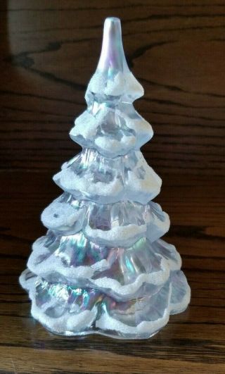 Vtg Fenton Clear Glass Iridescent Christmas Tree Flocked Snow White 6.  5 Tall