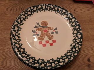 4 Folk Craft Gingerbread Man Christmas Dinner Plates Tienshan Green Spongeware