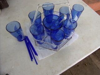 8 Vintage Hazel Atlas Cobalt Blue Drinking Glasses Ice Bucket White Sailboat