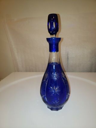 Vintage Cobalt Blue Cut To Clear Glass / Crystal Decanter With Stopper 13.  5 "