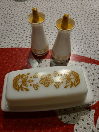 Vintage Pyrex Gold Butterfly Salt & Pepper Shaker Set & Covered Butter Dish