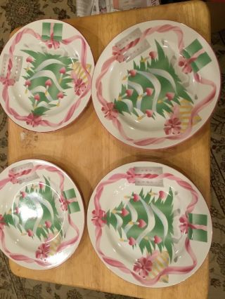 Set Of 4 Vintage 1992 Sango Home For Christmas Tree Dinner Plates 7&3/4 Perfec