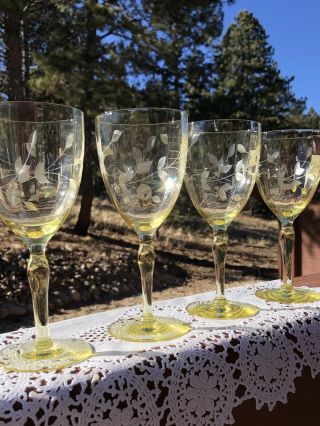 4 Yellow/topaz Jubilee Wine Goblets Etched Lancaster Glass Gorgeous