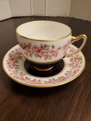 Vintage Adderley England Fine Bone China Teacup & Saucer Pink Roses White Black