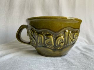 Vintage Mccoy Pottery Large Olive Green " Snacks " Mug Or Planter 7521