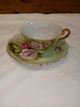 Vtg Lefton Green Heritage Rose Tea Cup And Saucer 1152