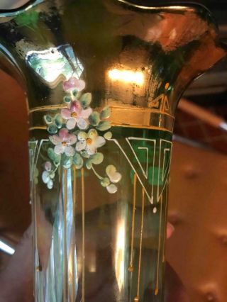 Antique Czech Moser Arts & Crafts Art Nouveau Enamelled Green Glass Vase 9 