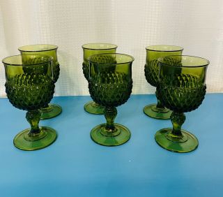Vintage Emerald Green Indiana Glass Diamond Point Water Goblets (6)