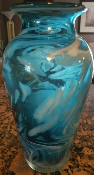 Vintage Blown Glass Blue And White Large Vase
