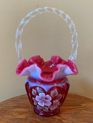 Vintage 1994 Fenton Artist Signed Dated Shelly Hopkins Art Glass Vase Basket -