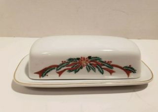 Vintage Poinsettia & Ribbons Covered Butter Dish Fine China