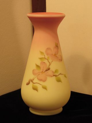 Vintage 1981 Signed Fenton Burmese Hand Painted Floral Dogwood Satin Glass Vase
