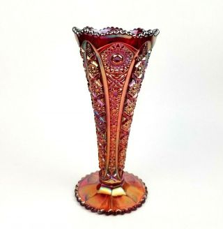 Vintage Imperial Red Carnival Glass Fluted Vase Hobstar Pattern 8 " Tall