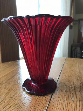 Fenton Art Glass 1930s Sheffield Pattern Ruby Red Flared Vase 6 "
