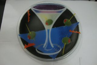 Signed Peggy Karr Fused Art Glass Plate Martini & Olives 11 1/4 " Large Art Deco