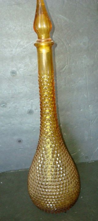 Vintage Empoli Amber Glass Decanter Hobnail Genie Bottle /stopper Italy 19 1/4”
