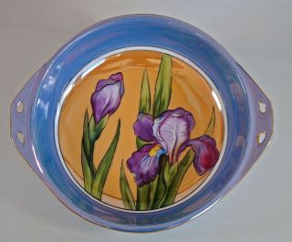 Noritake,  Japan,  Art Deco Handled Bowl - Luster Blue & Tan With Purple Iris