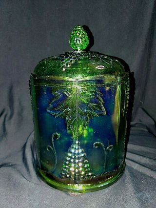 Vintage Indiana Green Carnival Glass Harvest Grapes Canister W/lid Pressed Glass