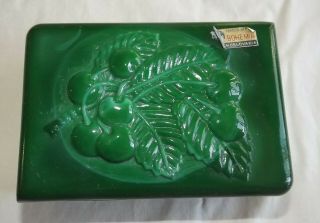Bohemian Czech Art Deco Green Malachite Art Glass Vanity Box Cherries Relief