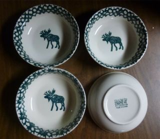Set Of 4 Retired Folkcraft Moose Country Green Sponge Tienshan Soup/cereal Bowls