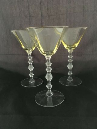 Set Of 3 Art Deco Yellow Glass Small Martini Cocktail Glasses Cambridge Ball