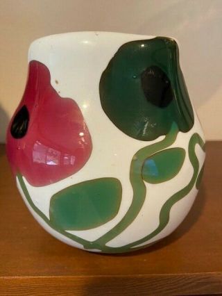 Hand Crafted Studio Art Glass Vase W/inlaid Flowers Signed