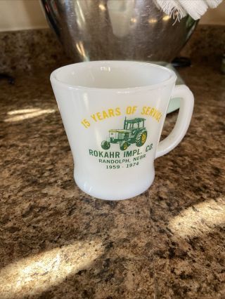Vintage Fire King Mug Cup Advertising Rokahr Randolph Nebraska John Deere