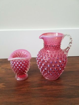 Large Fenton Cranberry Glass Opalescent Hobnail Pitcher & Vase Vintage ?